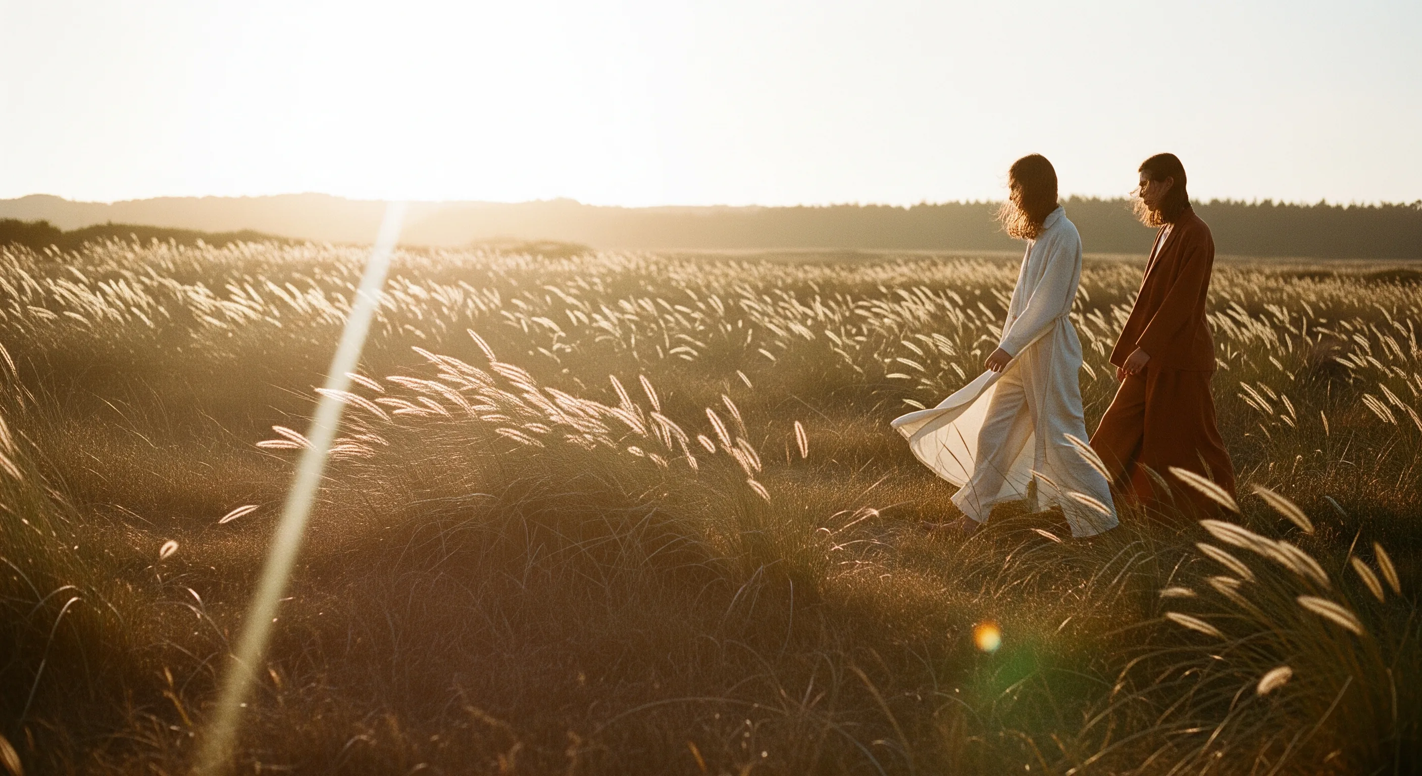 Summer 2026 edit — two figures in flowing linen walking at golden hour