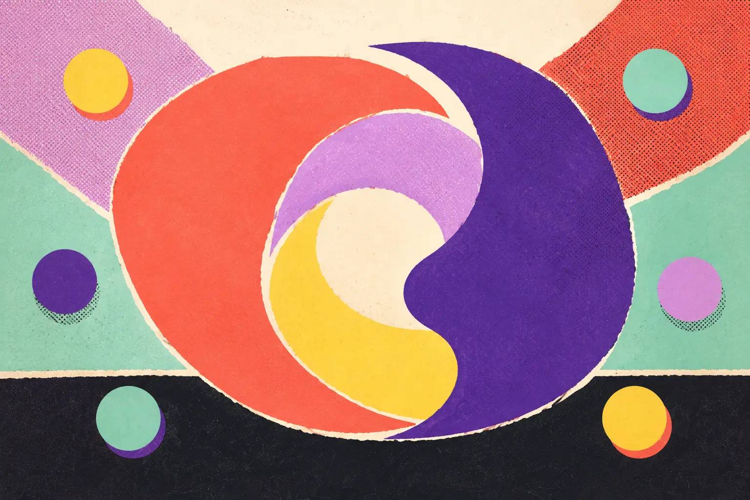 Abstract pop-art composition of interlocking counterweighted forms